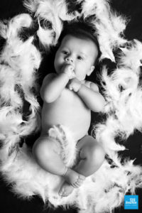 Photo en noir et blanc d'un bébé dans les plumes